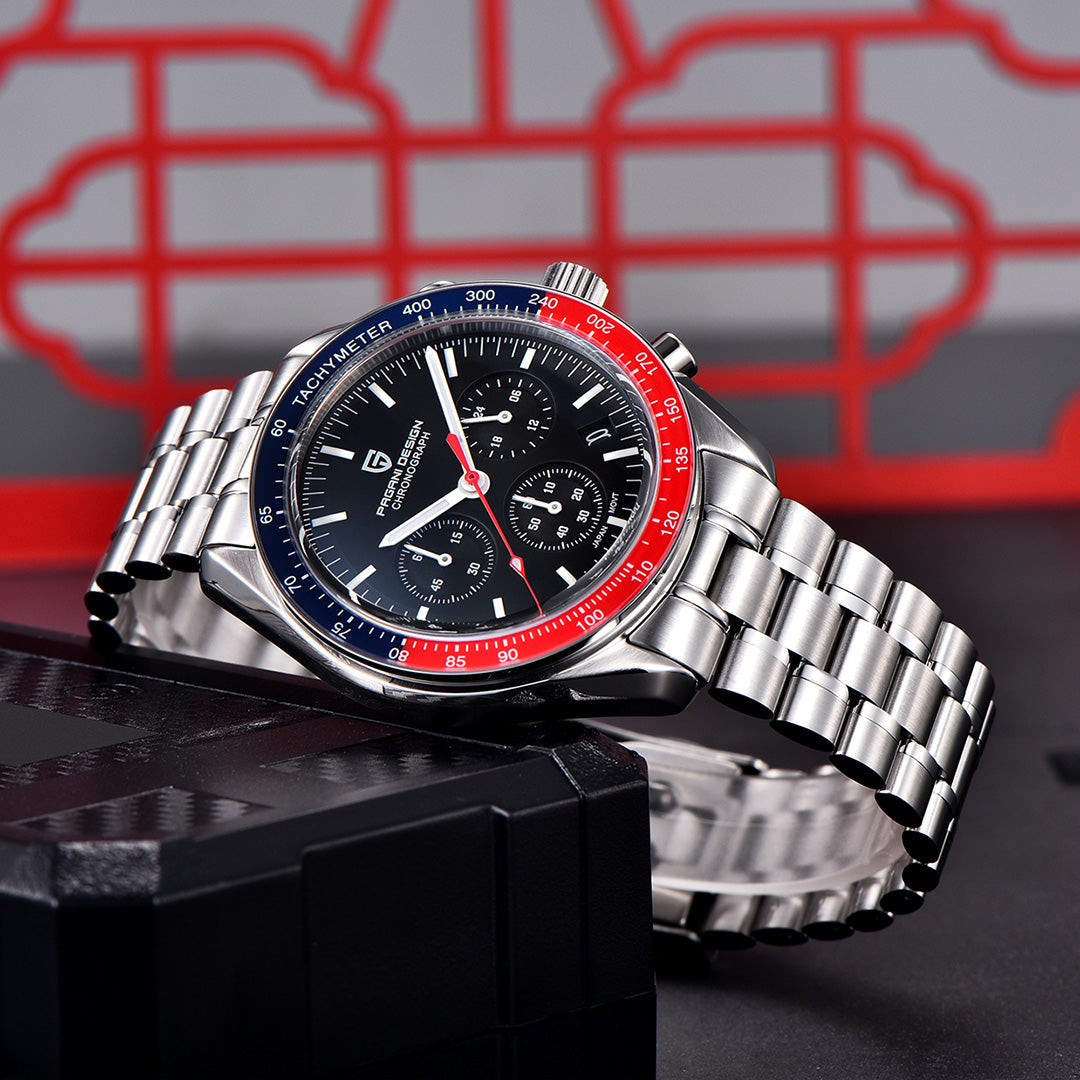 PAGANI DESIGN PD-1701 Men's Quartz Watches Stainless Steel Chronograph Wristwatch with Pepsi Bezel