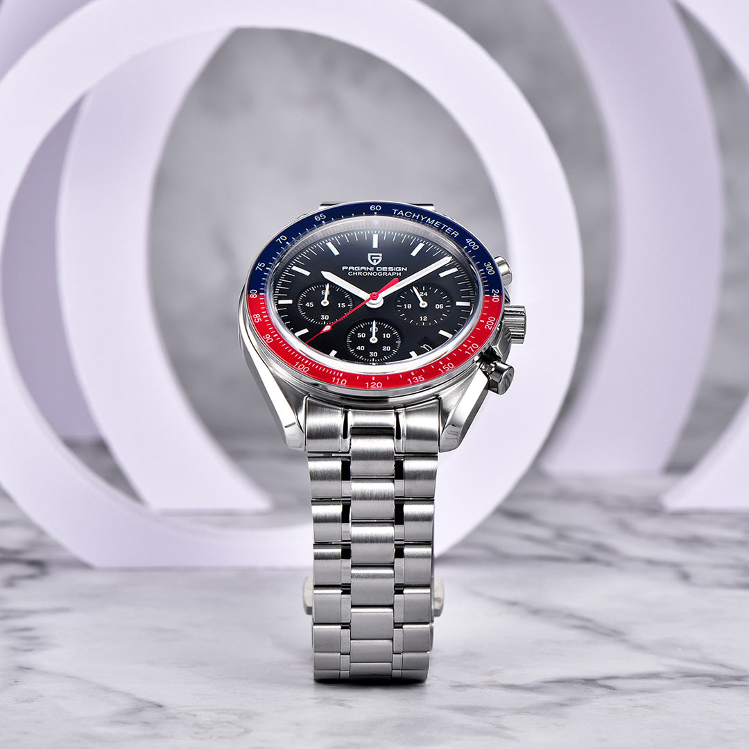 PAGANI DESIGN PD-1701 Men's Quartz Watches Stainless Steel Chronograph Wristwatch with Pepsi Bezel