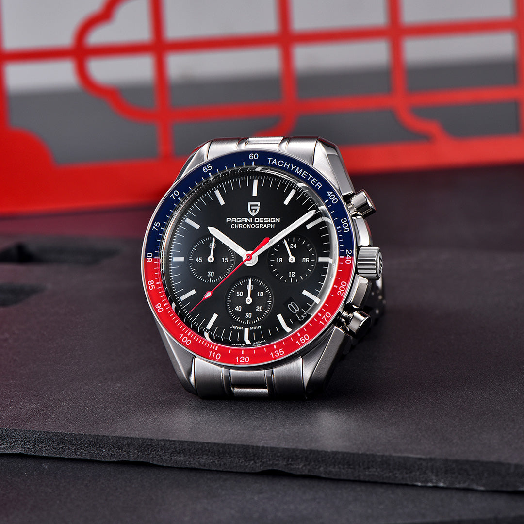 PAGANI DESIGN PD-1701 Men's Quartz Watches Stainless Steel Chronograph Wristwatch with Pepsi Bezel