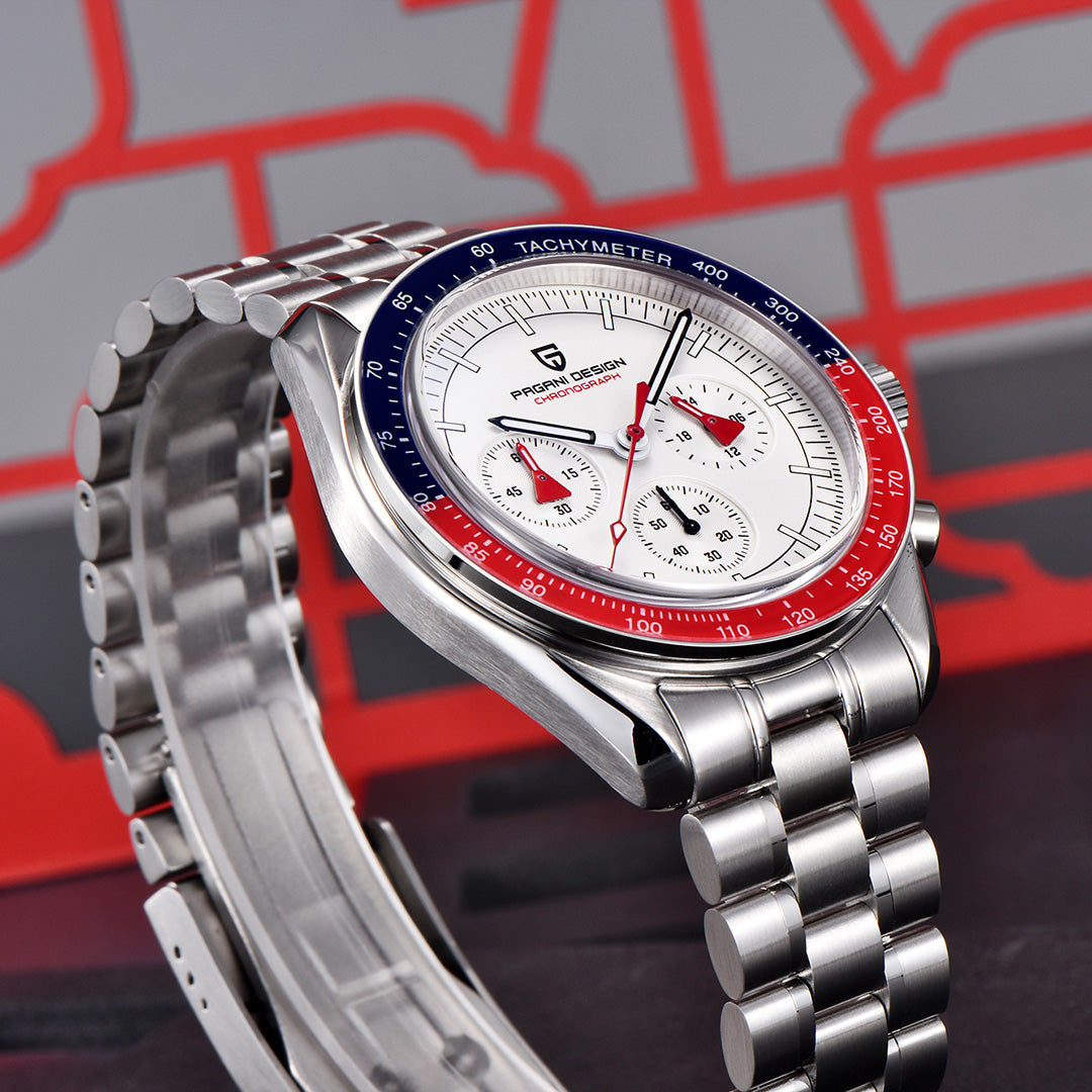 PAGANI DESIGN PD-1701 Men's Quartz Watches Stainless Steel Chronograph Wristwatch with Pepsi Bezel
