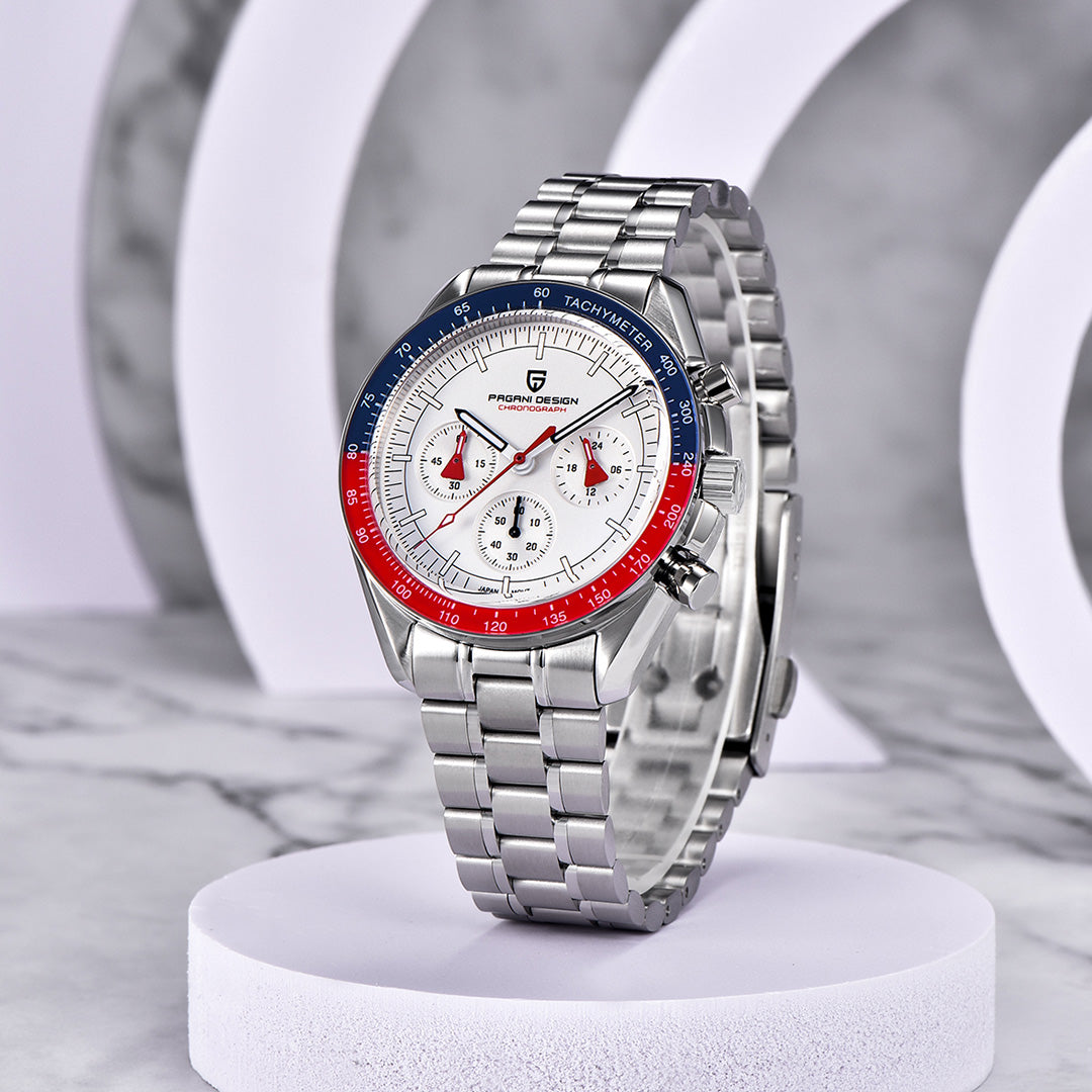 PAGANI DESIGN PD-1701 Men's Quartz Watches Stainless Steel Chronograph Wristwatch with Pepsi Bezel