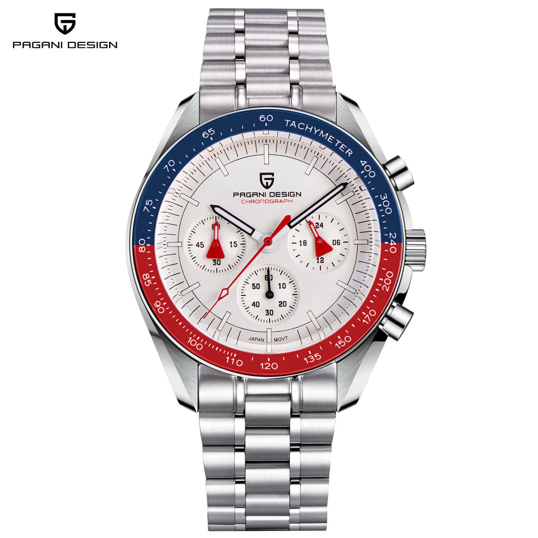 PAGANI DESIGN PD-1701 Men's Quartz Watches Stainless Steel Chronograph Wristwatch with Pepsi Bezel