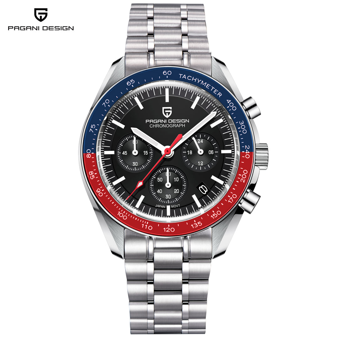 PAGANI DESIGN PD-1701 Men's Quartz Watches Stainless Steel Chronograph Wristwatch with Pepsi Bezel