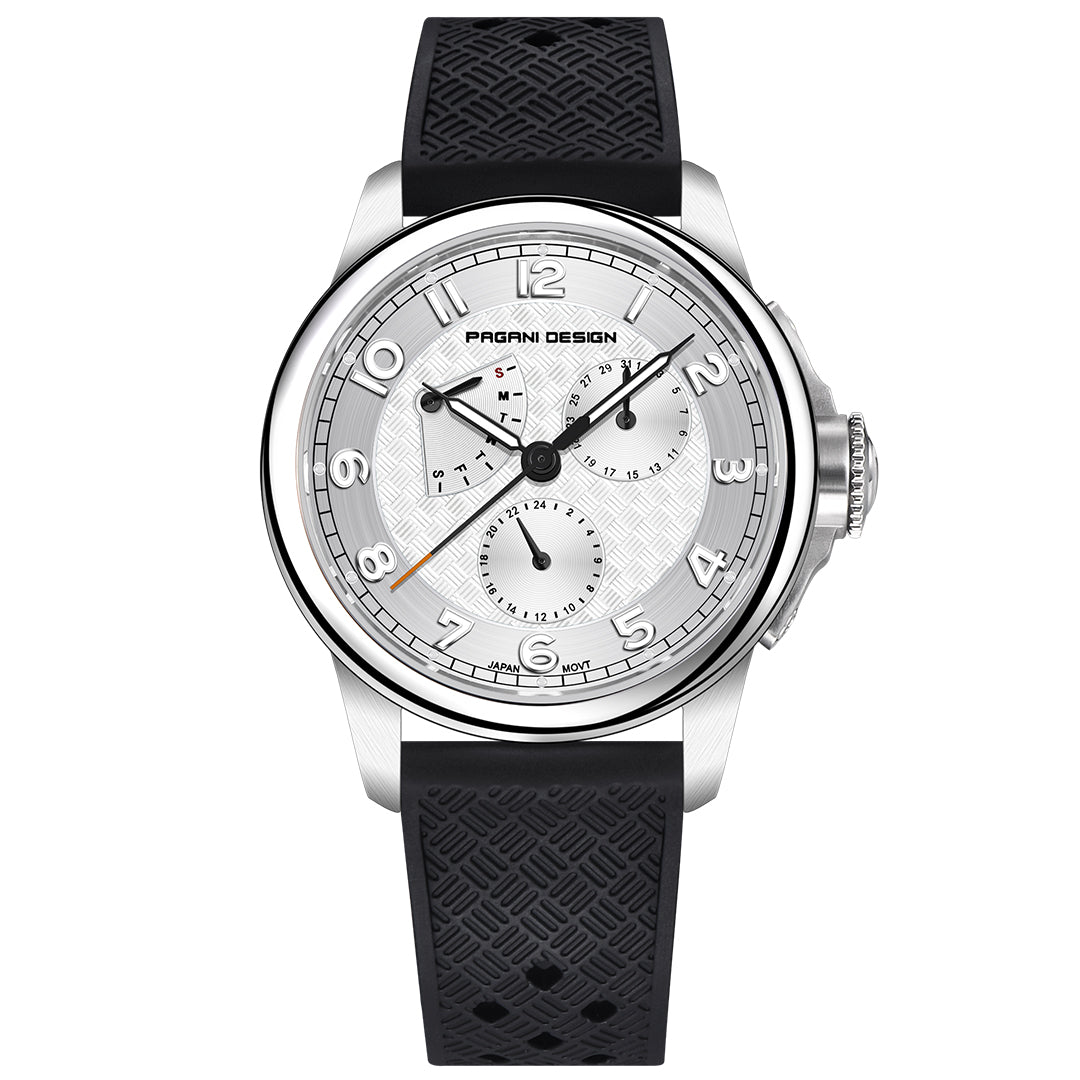 PAGANI DESIGN PD1780 Men's Quartz Watches 40MM Stainless Steel Waterproof Wrist Watch with Rubber Strap, Week Date Display, 24 Hours Display