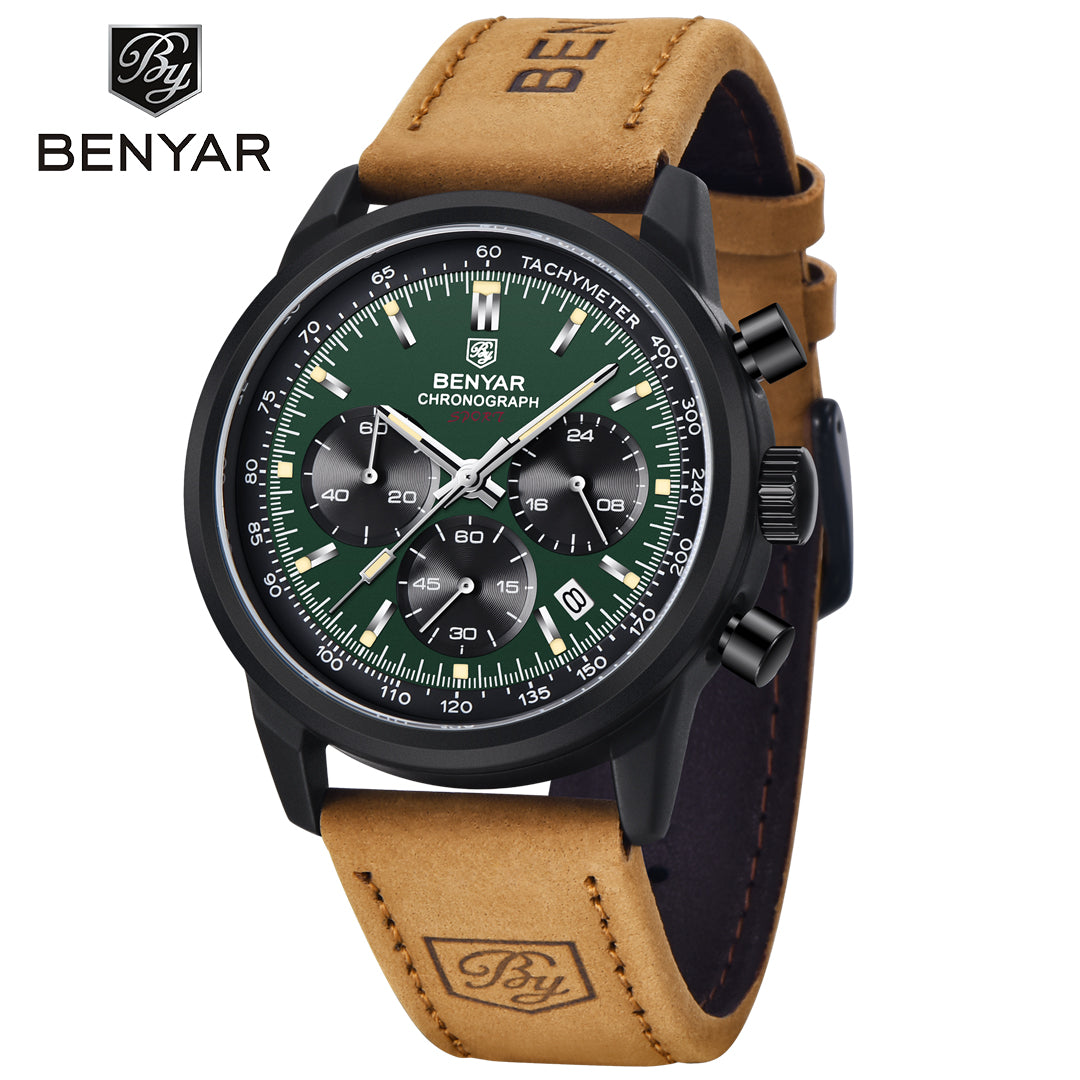 BENYAR BY 5188 Men Watch Chronograph Date Waterproof Sport Genuine Leather 42mm Male Wristwatch Top Brand Luxury Military Man Clock Gift