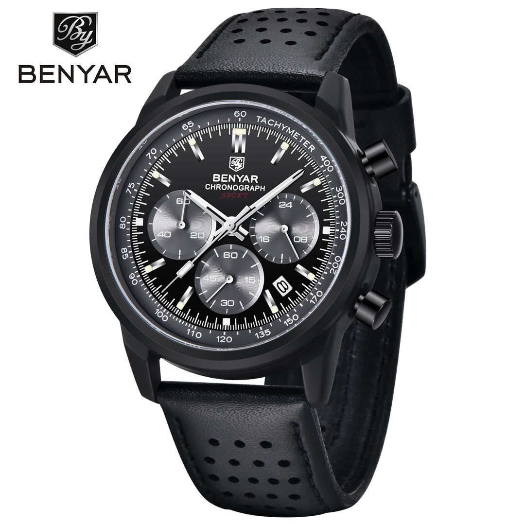 BENYAR BY 5188 Men Watch Chronograph Date Waterproof Sport Genuine Leather 42mm Male Wristwatch Top Brand Luxury Military Man Clock Gift