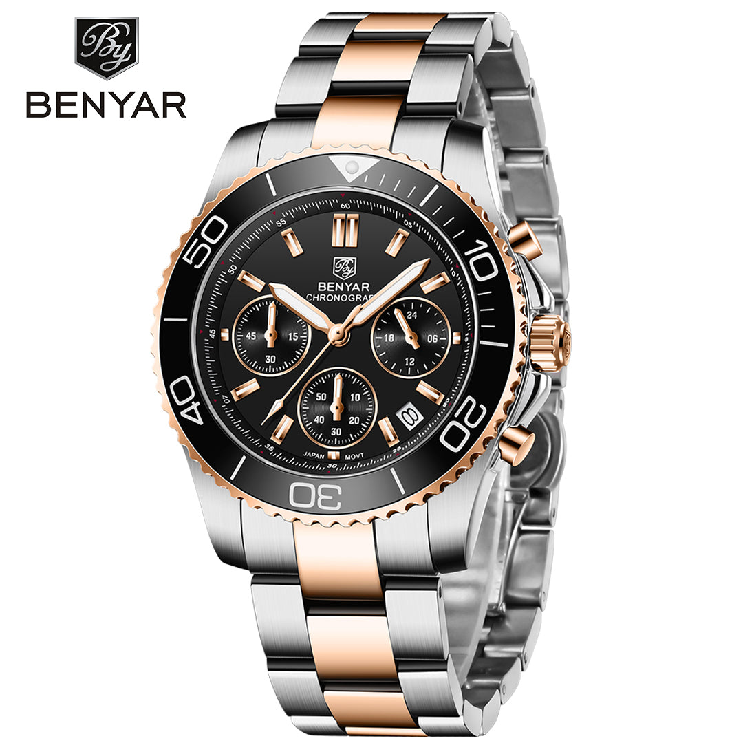 BENYAR BY S002 Male Wristwatch Chronograph Sport Date Sapphire Glass Top Brand Luxury Blue Clock 42MM Stainless Steel Quartz Men Watch
