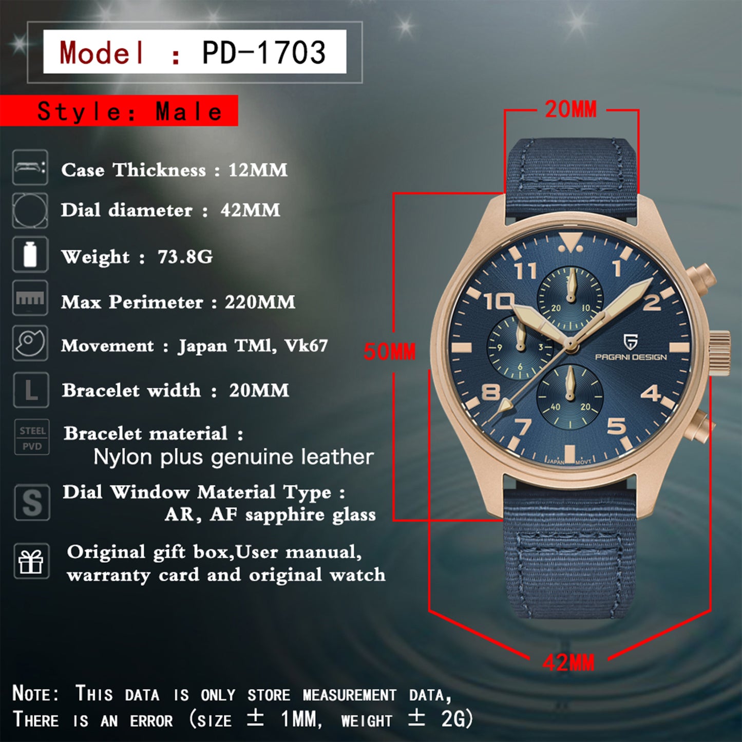 PAGANI DESIGN PD1703 Men's Quartz Watches 42MM Stainless Steel Sports Chronograph Pilot Wrist Watch for Men Waterproof Wristwatch