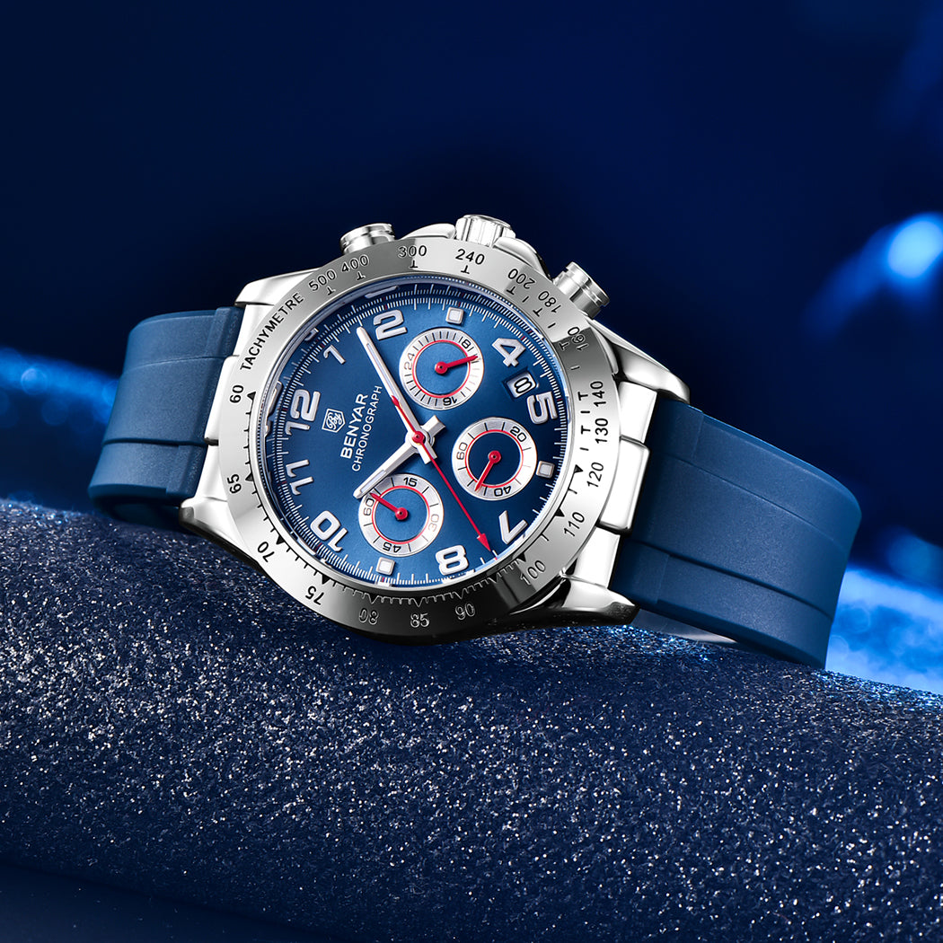 BENYAR BY 5192 Watch Men Sport Quartz Male Chronograph Calendar Top Brand Luxury 40MM Clock Blue Rubber Military Business Wristwatch New