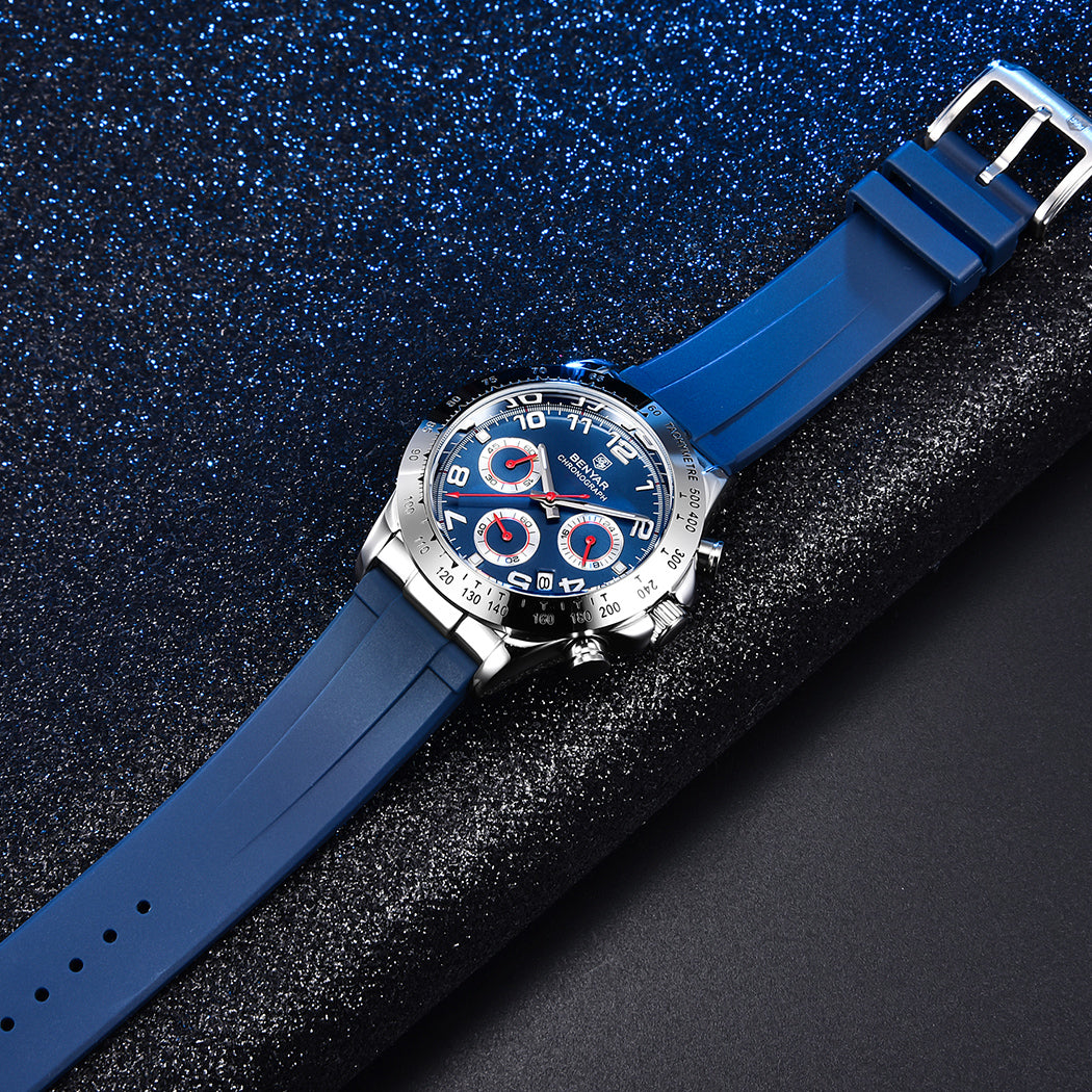 BENYAR BY 5192 Watch Men Sport Quartz Male Chronograph Calendar Top Brand Luxury 40MM Clock Blue Rubber Military Business Wristwatch New
