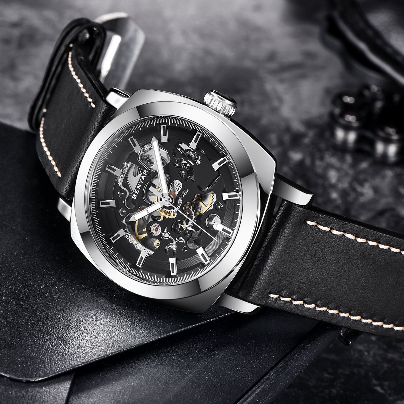 BENYAR BY 5121 New Brand Men's Watches Automatic Mechanical Watch Sport Clock Leather 45mm Casual Business Wrist Watch