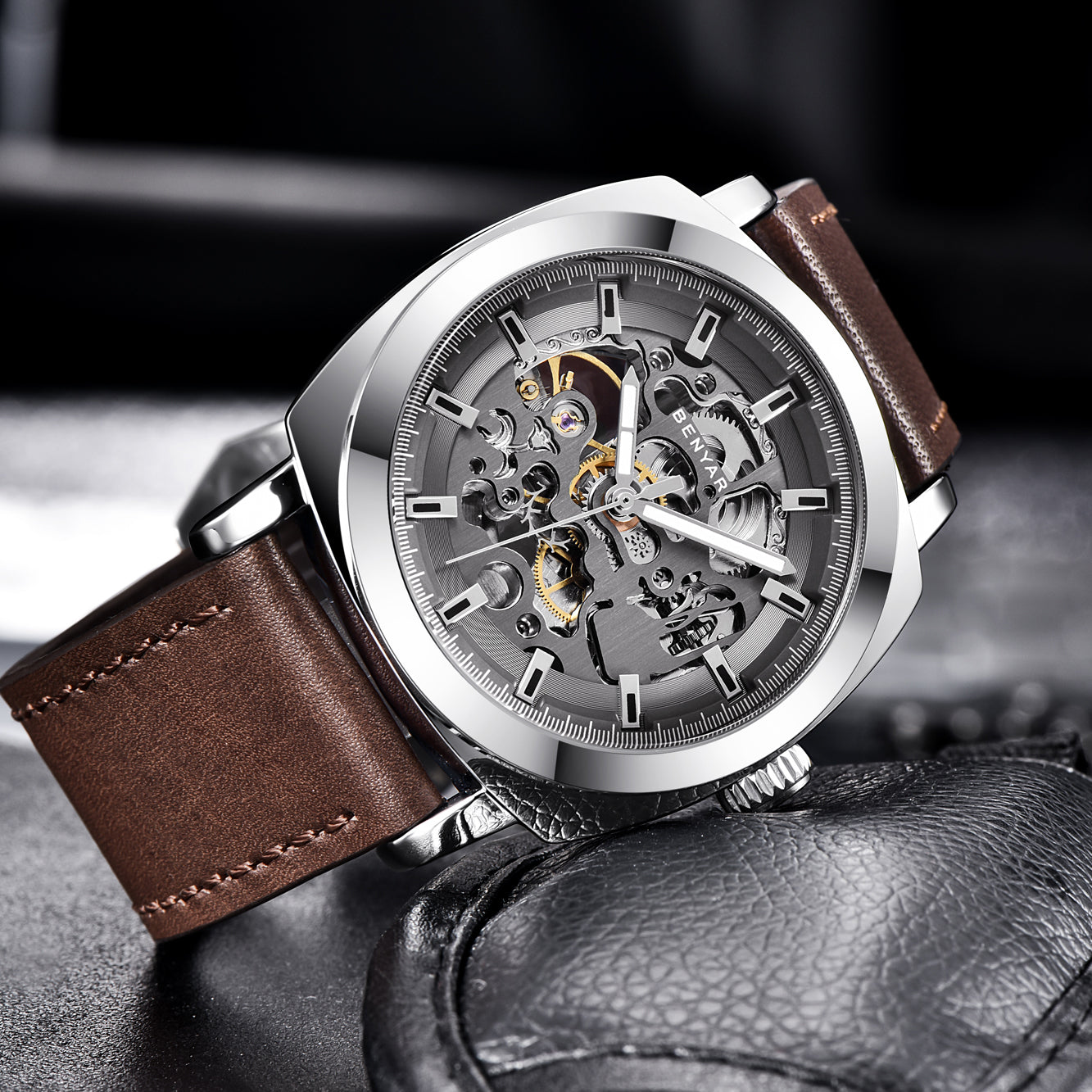 BENYAR BY 5121 New Brand Men's Watches Automatic Mechanical Watch Sport Clock Leather 45mm Casual Business Wrist Watch