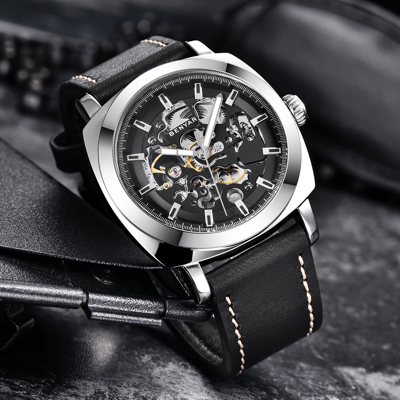BENYAR BY 5121 New Brand Men's Watches Automatic Mechanical Watch Sport Clock Leather 45mm Casual Business Wrist Watch