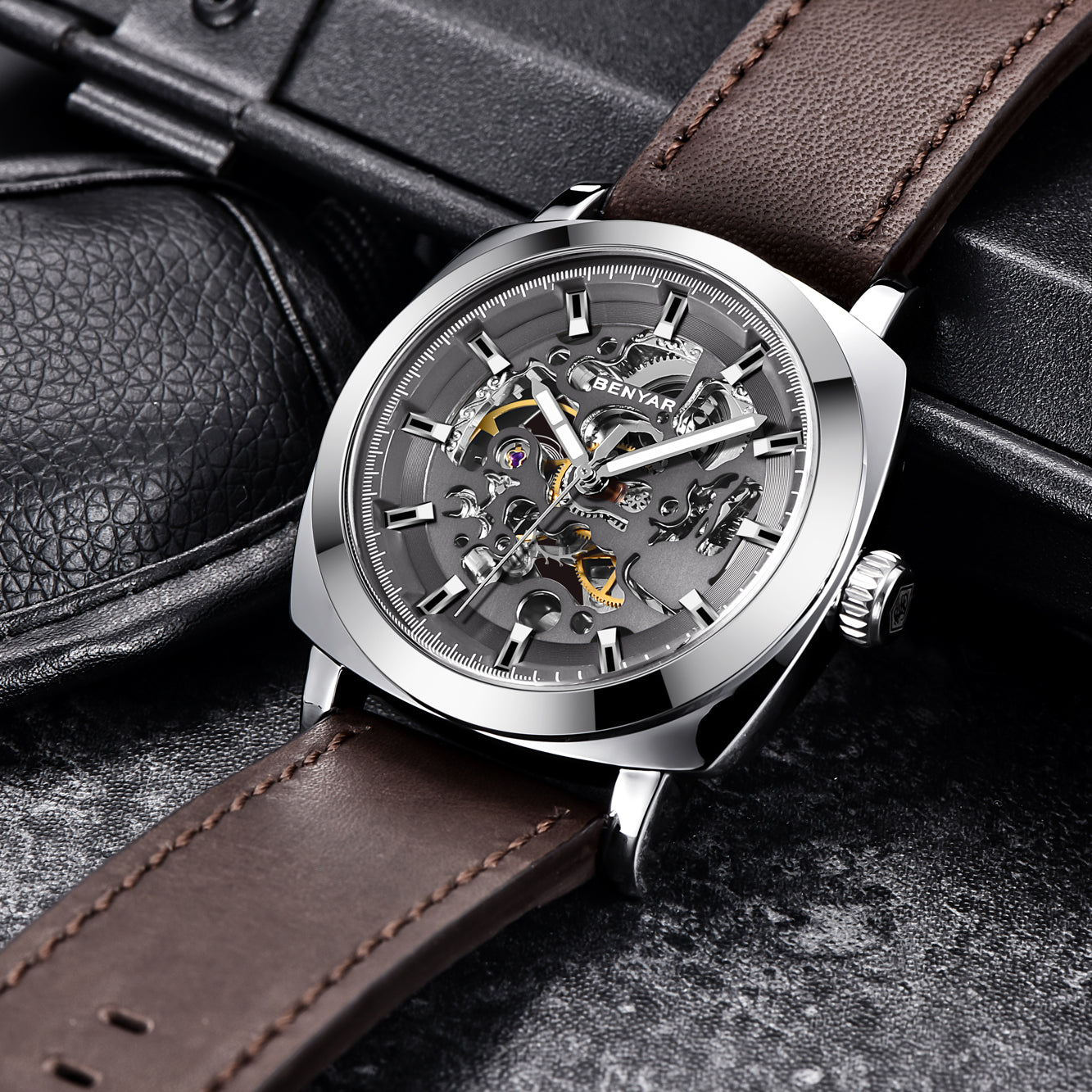 BENYAR BY 5121 New Brand Men's Watches Automatic Mechanical Watch Sport Clock Leather 45mm Casual Business Wrist Watch