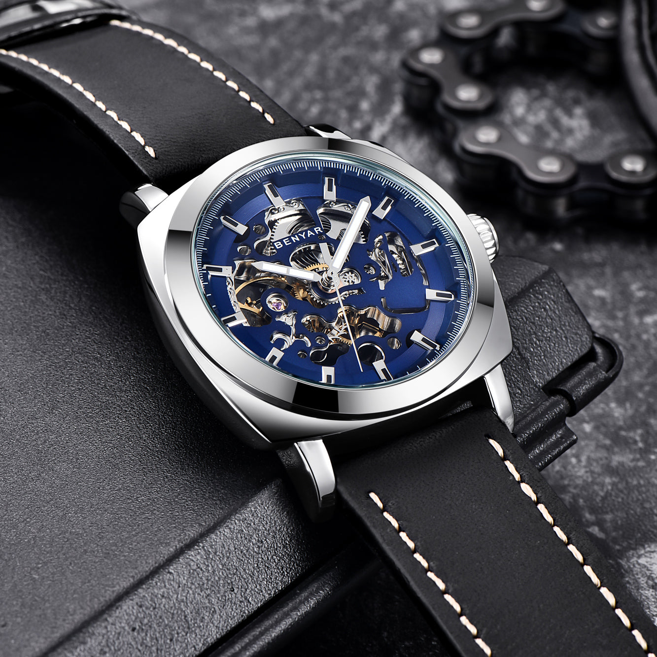 BENYAR BY 5121 New Brand Men's Watches Automatic Mechanical Watch Sport Clock Leather 45mm Casual Business Wrist Watch