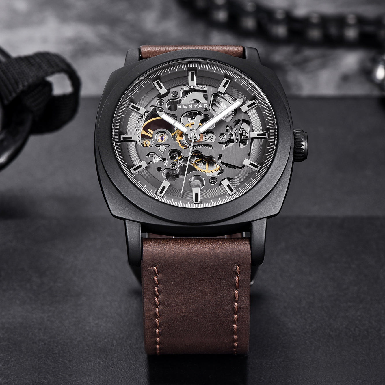 BENYAR BY 5121 New Brand Men's Watches Automatic Mechanical Watch Sport Clock Leather 45mm Casual Business Wrist Watch