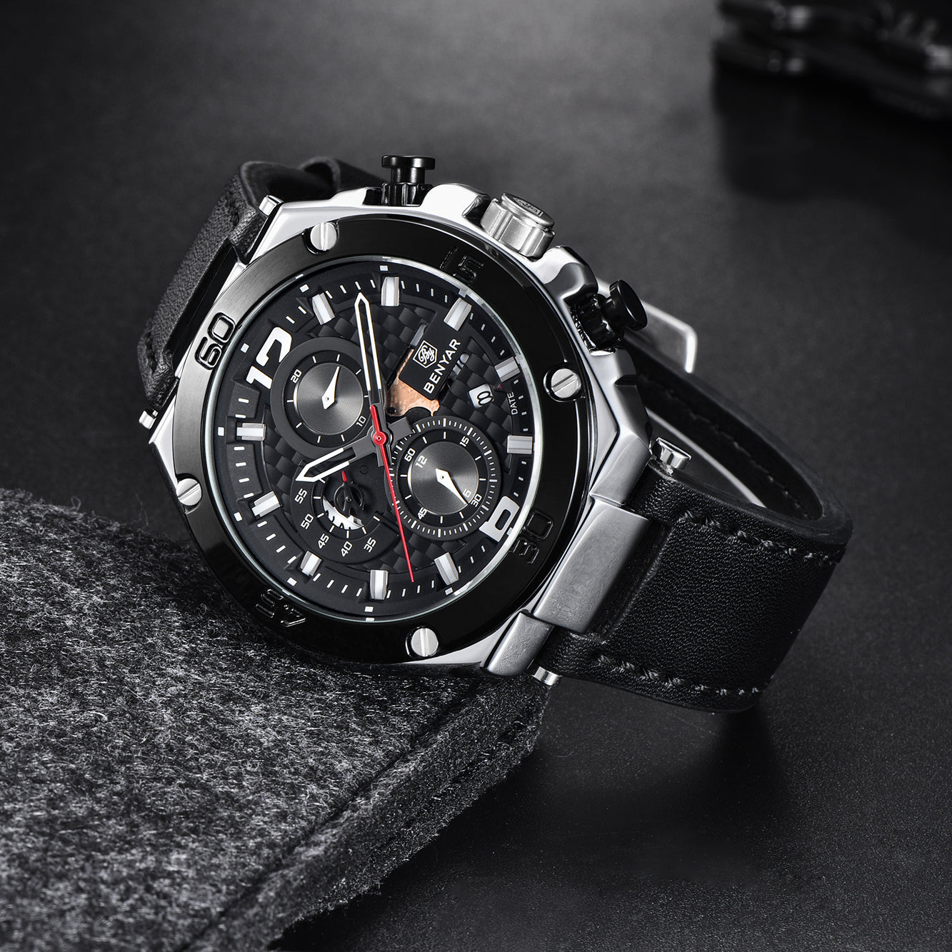 BENYAR BY 5151 Luxury Men Watch Leather Quartz Clock Fashion Chronograph Wristwatch 45MM Male Sport Military