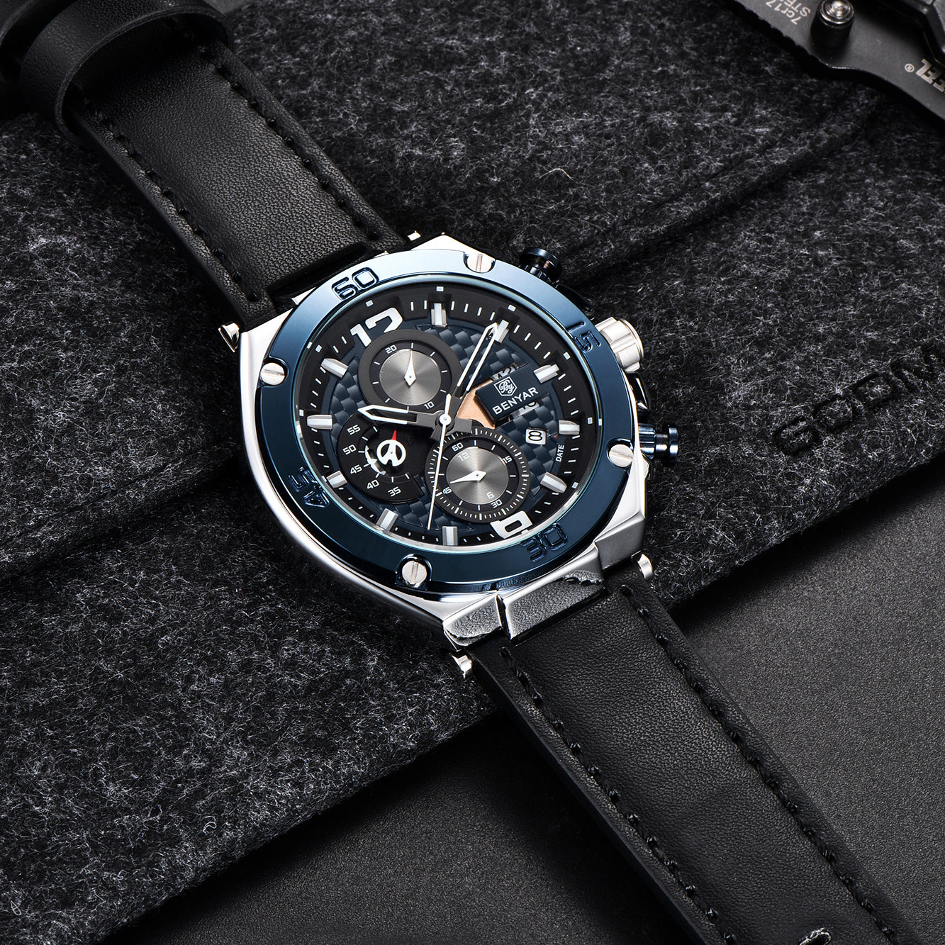 BENYAR BY 5151 Luxury Men Watch Leather Quartz Clock Fashion Chronograph Wristwatch 45MM Male Sport Military