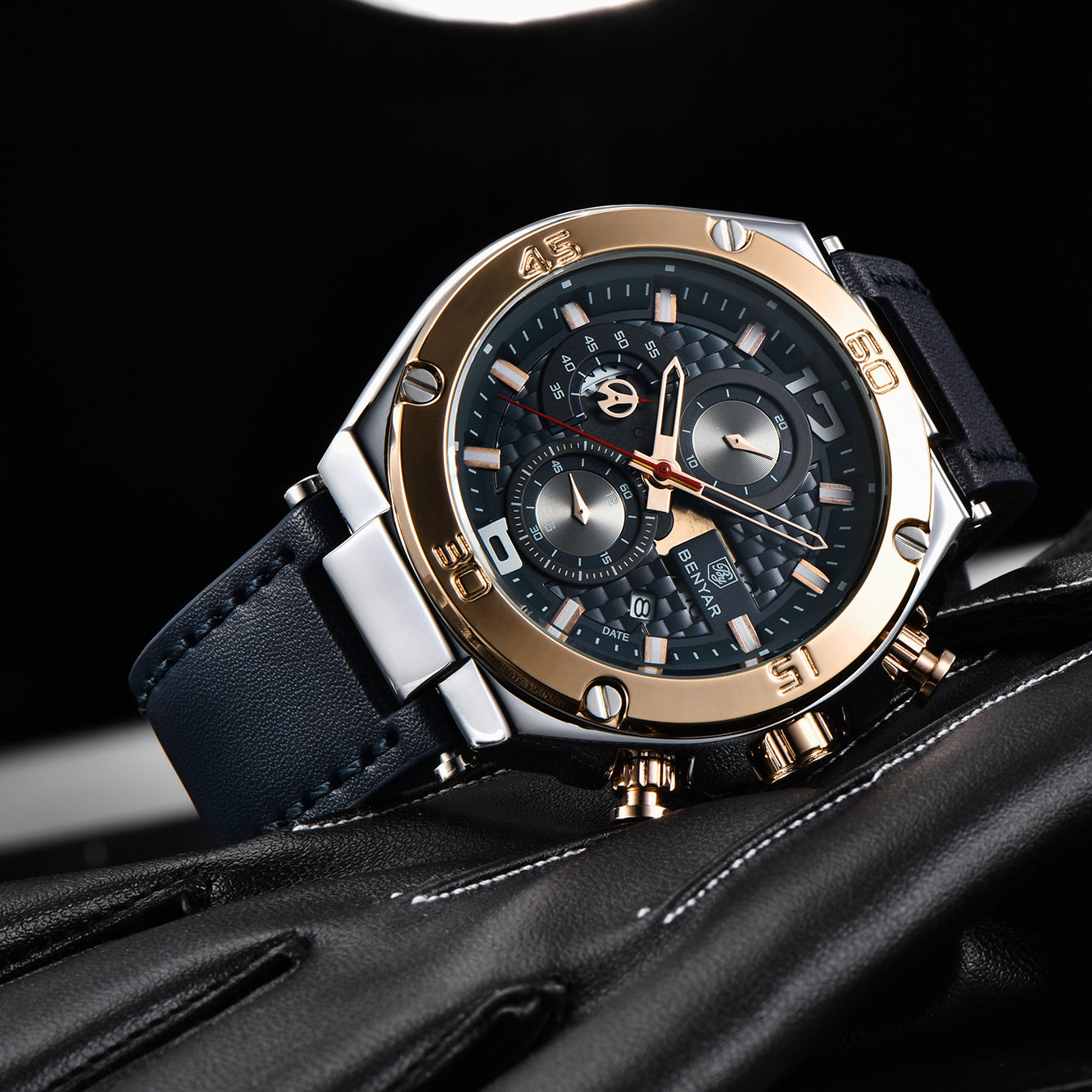 BENYAR BY 5151 Luxury Men Watch Leather Quartz Clock Fashion Chronograph Wristwatch 45MM Male Sport Military