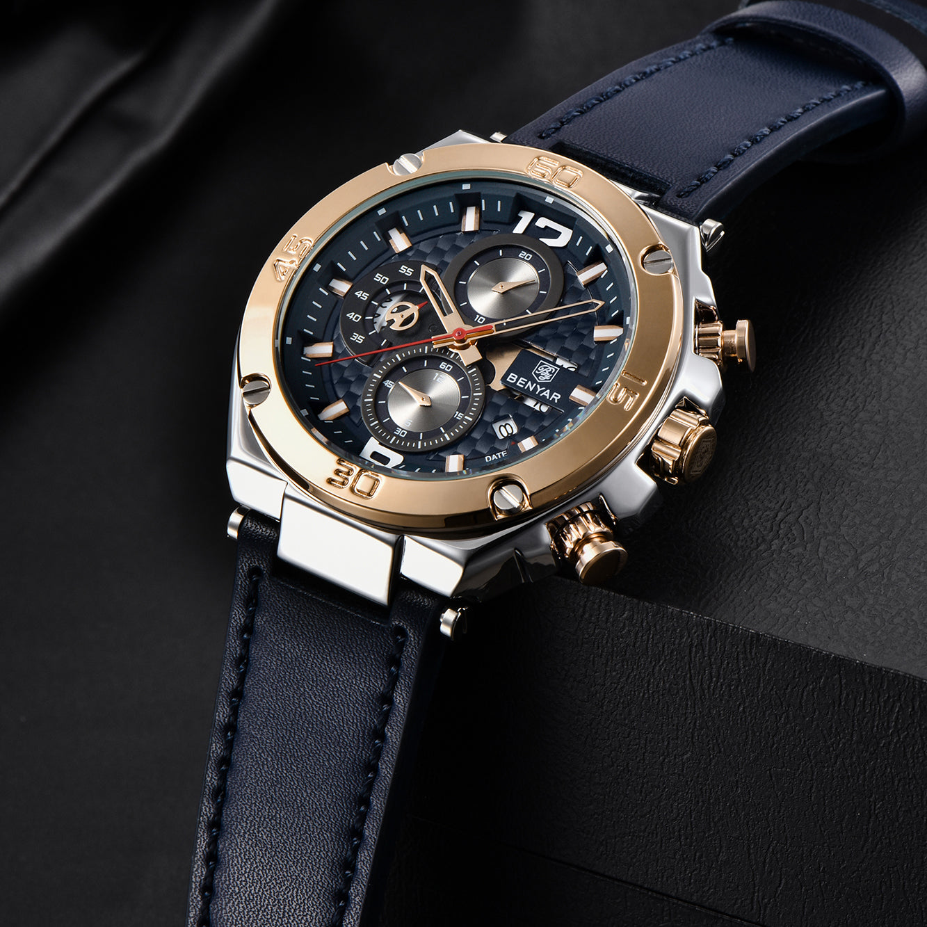 BENYAR BY 5151 Luxury Men Watch Leather Quartz Clock Fashion Chronograph Wristwatch 45MM Male Sport Military