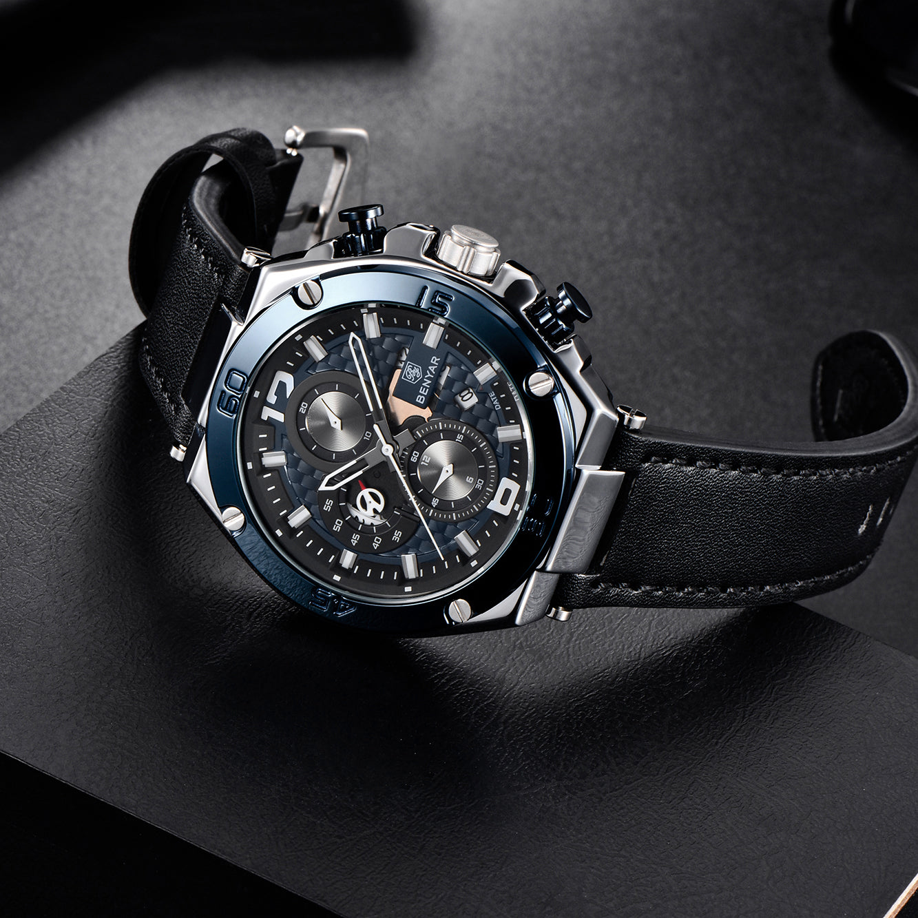 BENYAR BY 5151 Luxury Men Watch Leather Quartz Clock Fashion Chronograph Wristwatch 45MM Male Sport Military