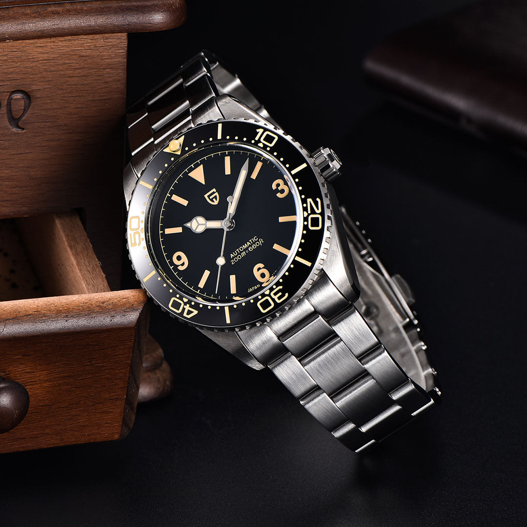 PAGANI DESIGN PD1755 Men's Automatic Watches 40MM Vintage Stainless Steel Waterproof Mechanical Wrist Watches for Men NH35, Sapphire Dial Glass with AR Coating