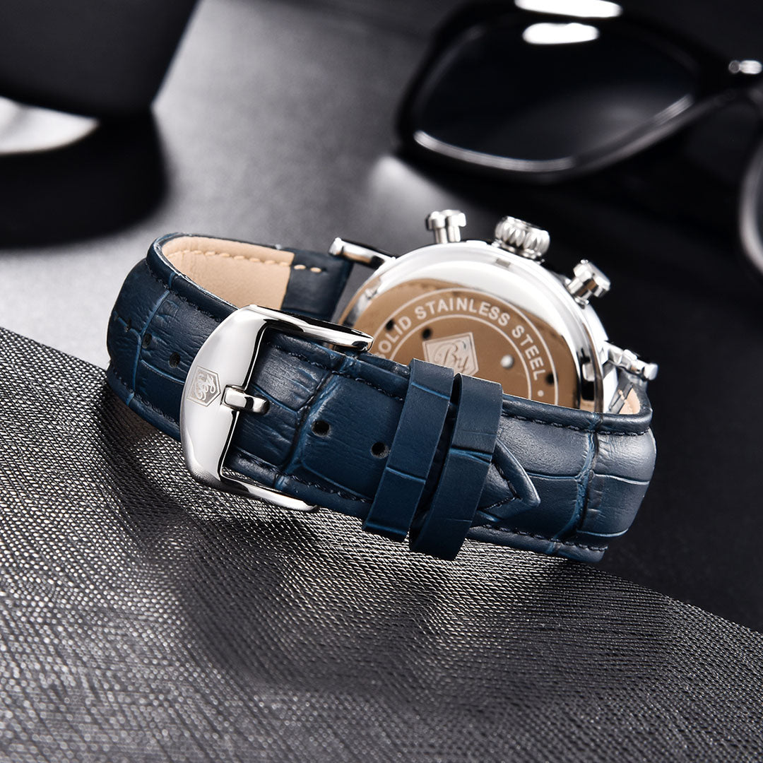 BENYAR BY 5196 Men Watch Chronograph Waterproof Sport Genuine Leather 41MM Male Wristwatch Top Brand Luxury Blue Military Business Clock