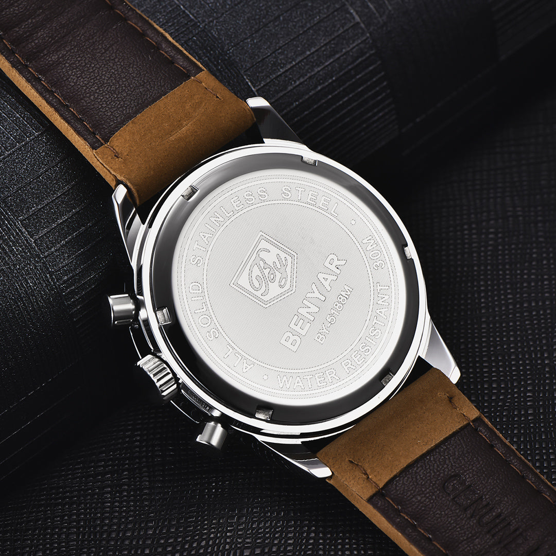BENYAR BY 5188 Men Watch Chronograph Date Waterproof Sport Genuine Leather 42mm Male Wristwatch Top Brand Luxury Military Man Clock Gift