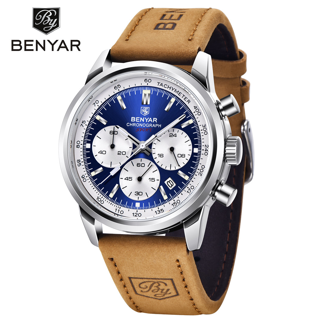 BENYAR BY 5188 Men Watch Chronograph Date Waterproof Sport Genuine Leather 42mm Male Wristwatch Top Brand Luxury Military Man Clock Gift