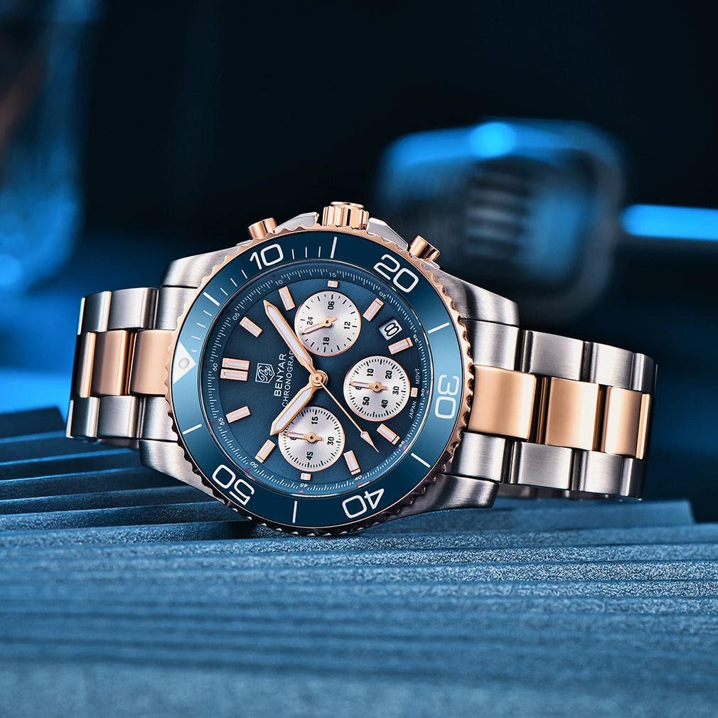 BENYAR BY S002 Male Wristwatch Chronograph Sport Date Sapphire Glass Top Brand Luxury Blue Clock 42MM Stainless Steel Quartz Men Watch