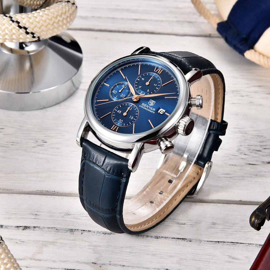 BENYAR BY 5196 Men Watch Chronograph Waterproof Sport Genuine Leather 41MM Male Wristwatch Top Brand Luxury Blue Military Business Clock