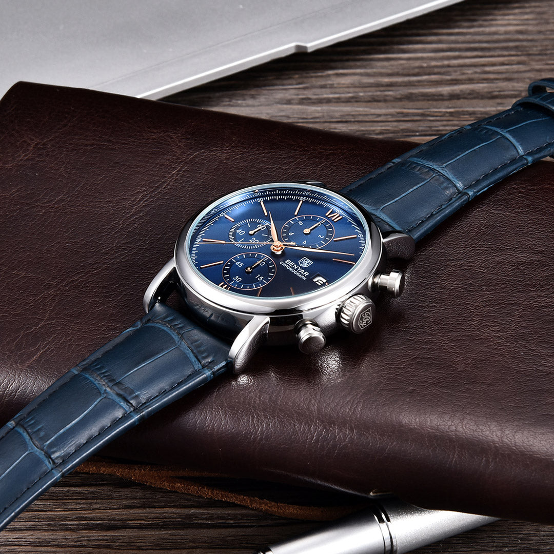 BENYAR BY 5196 Men Watch Chronograph Waterproof Sport Genuine Leather 41MM Male Wristwatch Top Brand Luxury Blue Military Business Clock
