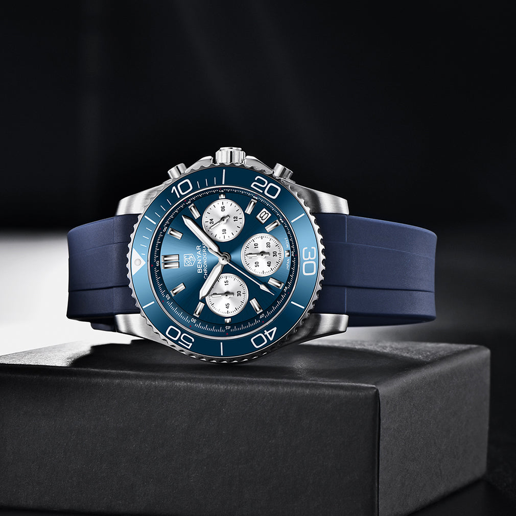 BENYAR BY S002 Male Wristwatch Chronograph Sport Date Sapphire Glass Top Brand Luxury Blue Clock 42MM Stainless Steel Quartz Men Watch