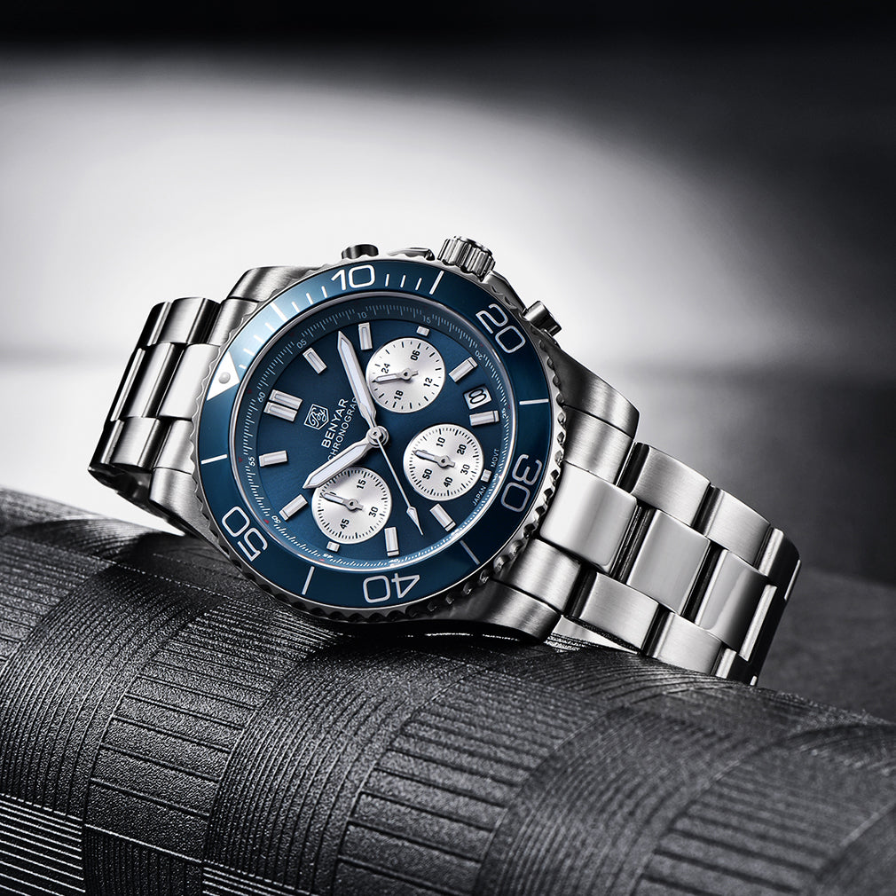 BENYAR BY S002 Male Wristwatch Chronograph Sport Date Sapphire Glass Top Brand Luxury Blue Clock 42MM Stainless Steel Quartz Men Watch
