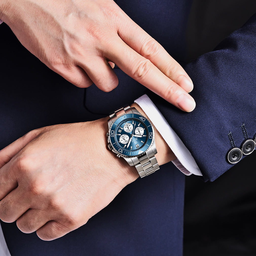 BENYAR BY S002 Male Wristwatch Chronograph Sport Date Sapphire Glass Top Brand Luxury Blue Clock 42MM Stainless Steel Quartz Men Watch