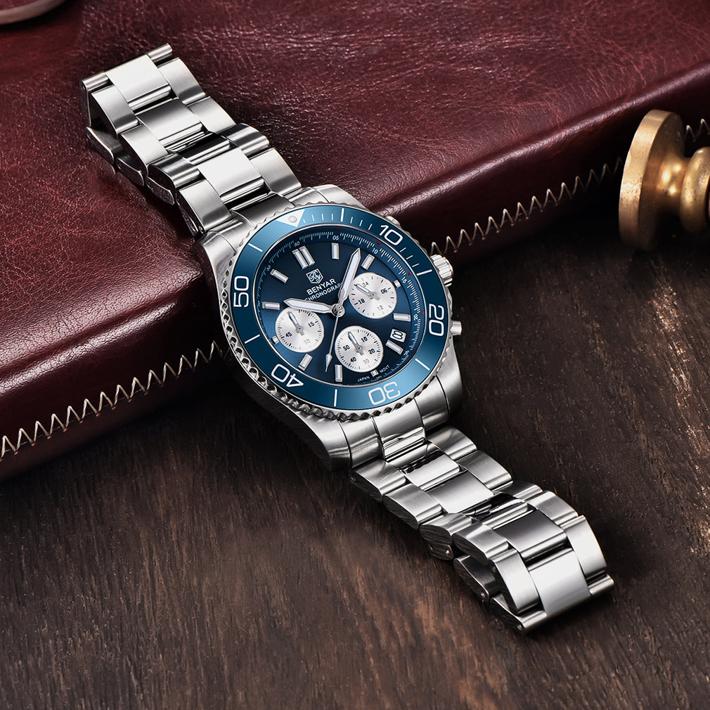 BENYAR BY S002 Male Wristwatch Chronograph Sport Date Sapphire Glass Top Brand Luxury Blue Clock 42MM Stainless Steel Quartz Men Watch