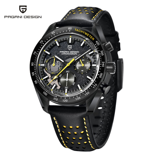 PAGANI DESIGN PD-1779 Men's Quartz Watches full Black Stainless Steel Chronograph Wristwatch with Leather Watchband