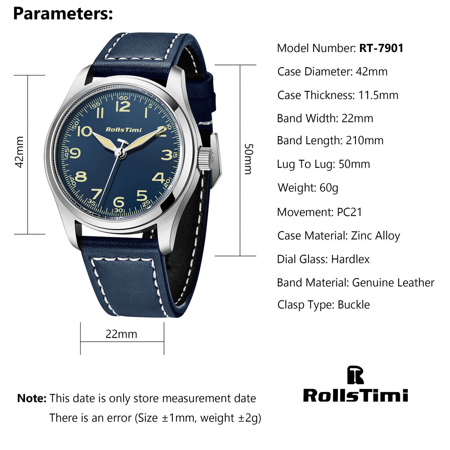 RollsTimi RT7901 Men's Quartz Watches Casual Pilot Sports Leather Wrist Watch for Men Business Wristwatch