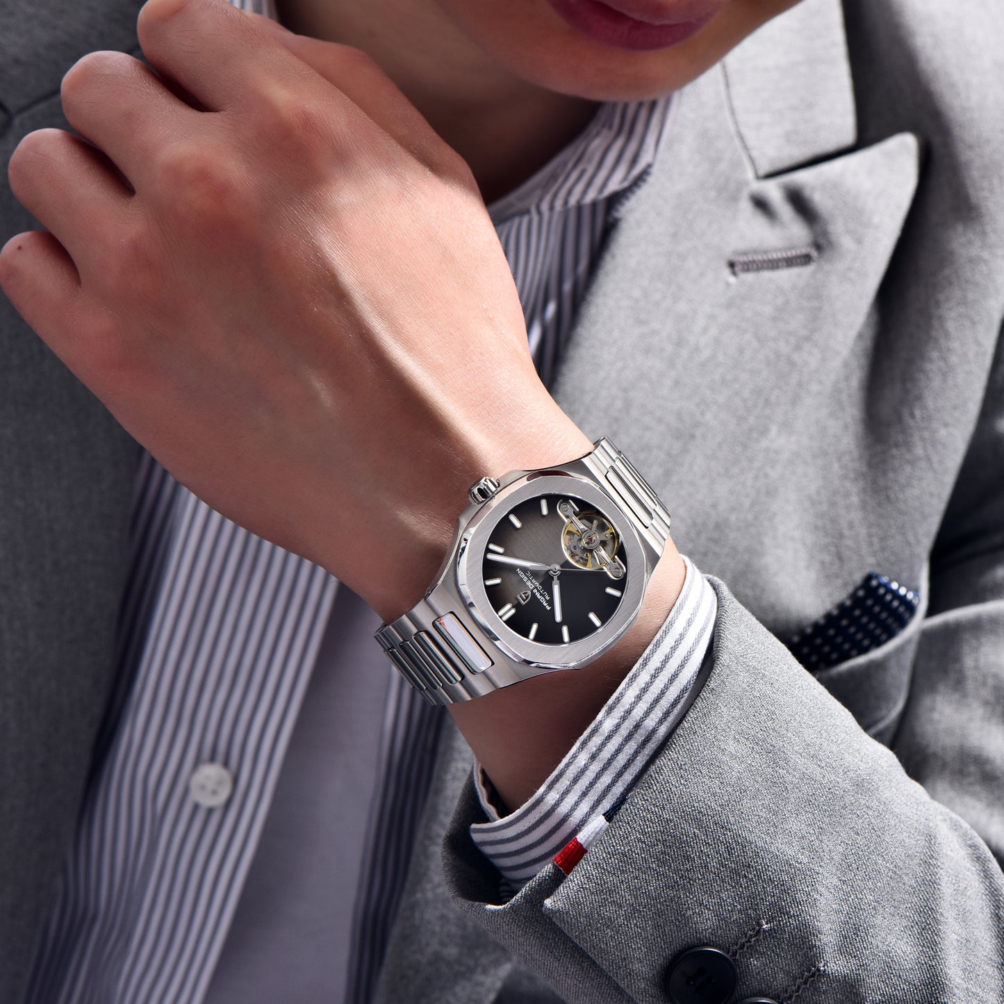 PAGANI DESIGN PD-YS025 New Automatic Men's Watch Full Stainless Steel Mechanical Wrist Watch for Men, Sapphire Dial Glass, Business Wristwatch with Balance Wheel