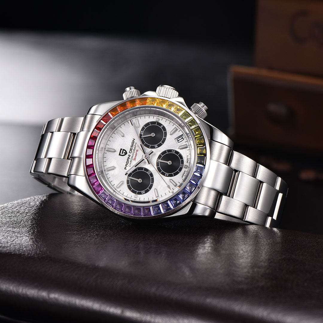 PAGANI DESIGN PD1644 Men's Chronograph Quartz Watches Rainbow Bezel Stainless Steel Sports Wristwatch SEIKO VK63 Movement, Sapphire Dial Glass