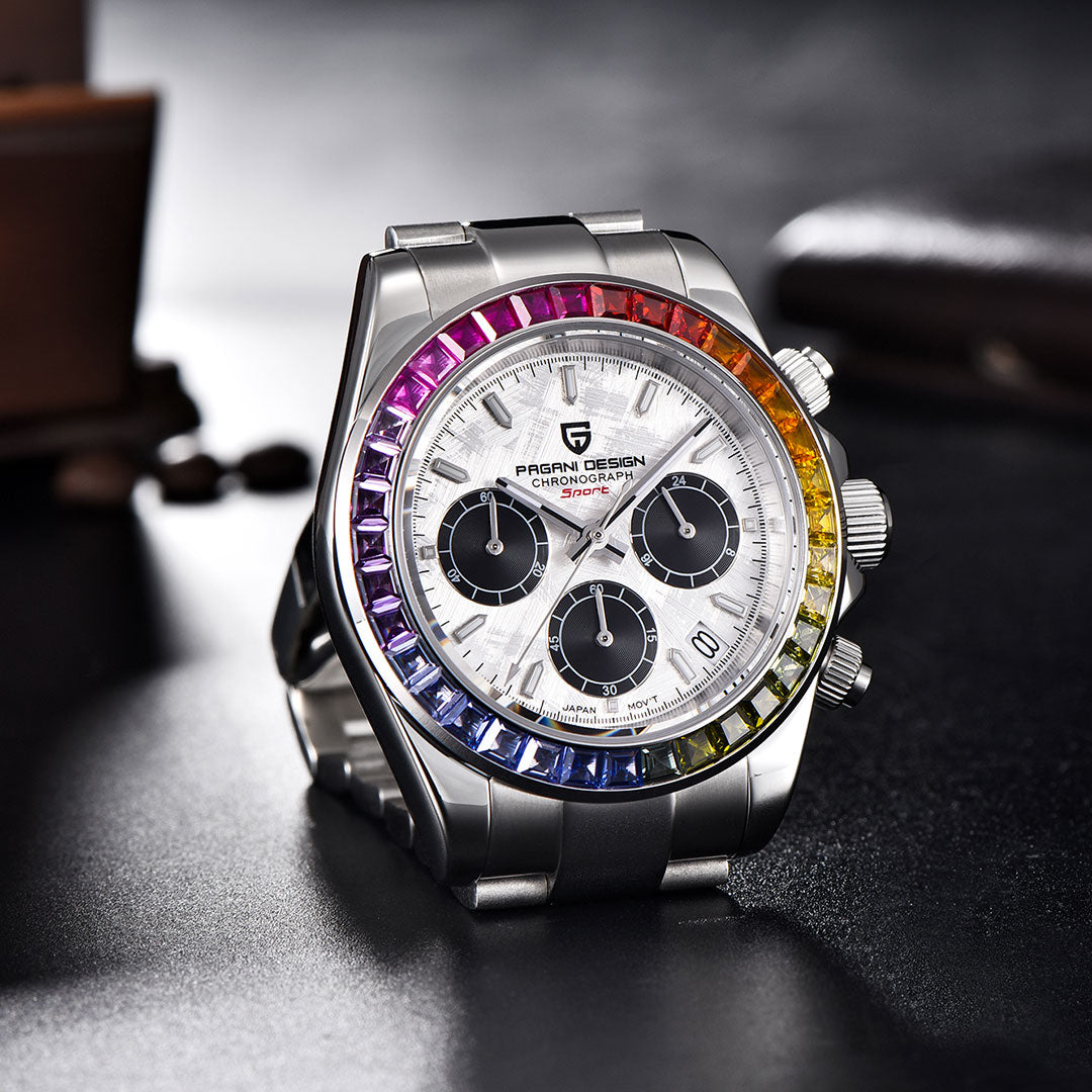 PAGANI DESIGN PD1644 Men's Chronograph Quartz Watches Rainbow Bezel Stainless Steel Sports Wristwatch SEIKO VK63 Movement, Sapphire Dial Glass