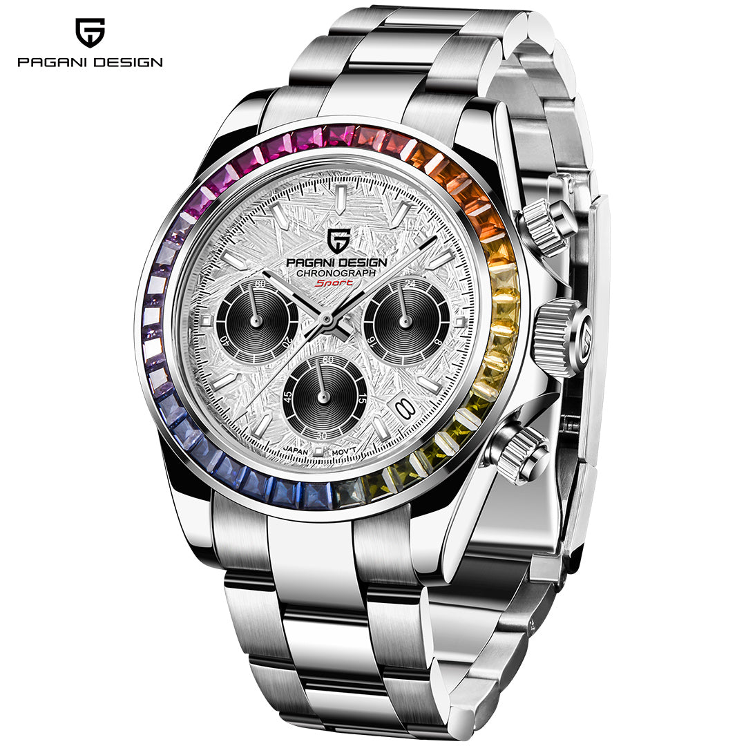 PAGANI DESIGN PD1644 Men's Chronograph Quartz Watches Rainbow Bezel Stainless Steel Sports Wristwatch SEIKO VK63 Movement, Sapphire Dial Glass