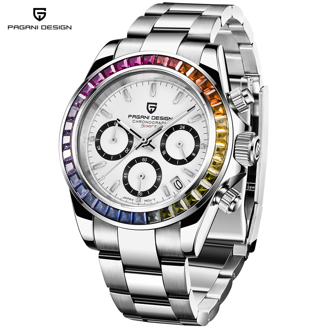 PAGANI DESIGN PD1644 Men's Chronograph Quartz Watches Rainbow Bezel Stainless Steel Sports Wristwatch SEIKO VK63 Movement, Sapphire Dial Glass