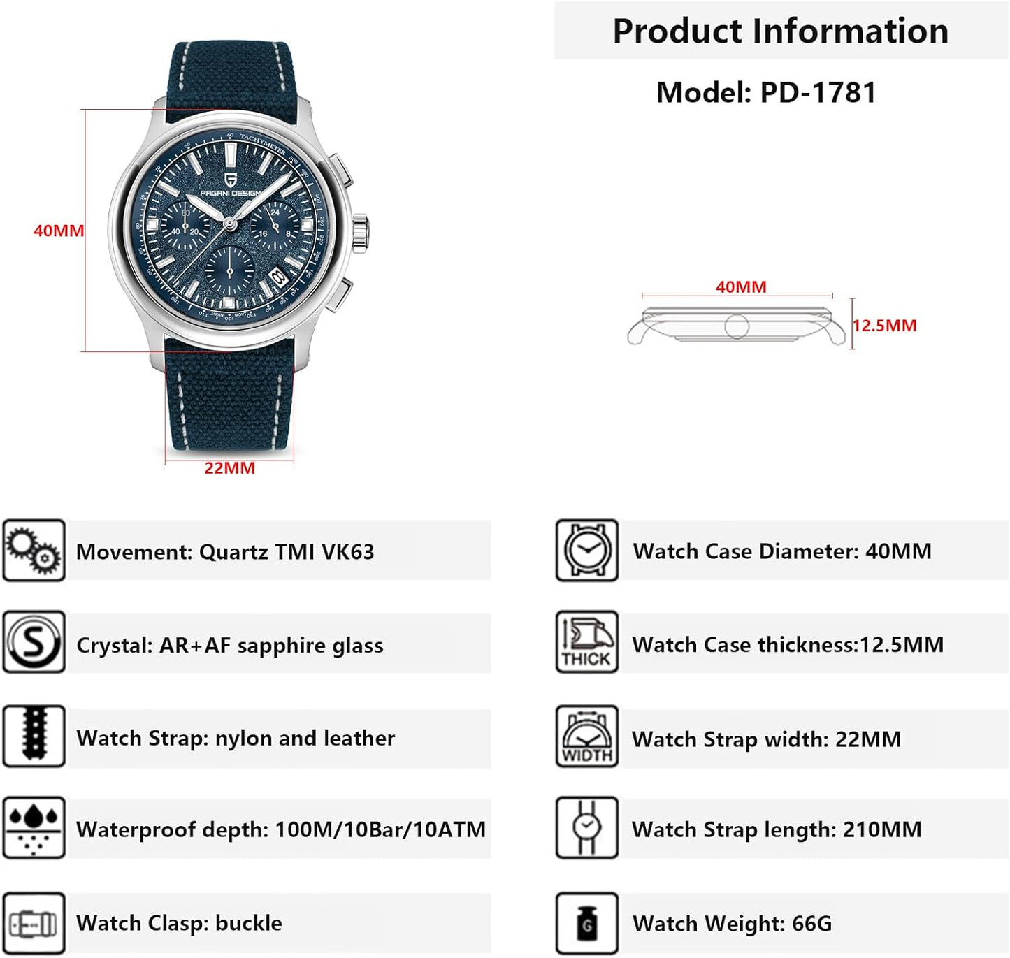 PAGANI DESIGN PD1781 Men's Chronograph Quartz Watches 40mm Stainless Steel Wristwatch with Nylong@Leather Watchband