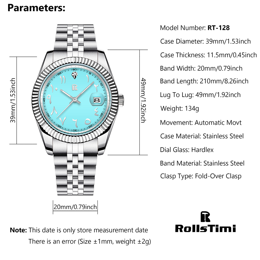 RollsTimi RT-128 Men's Automatic Watches 39mm Stainless Steel Mechanical Wrist Watch for Men Luxury Classic Wristwatch