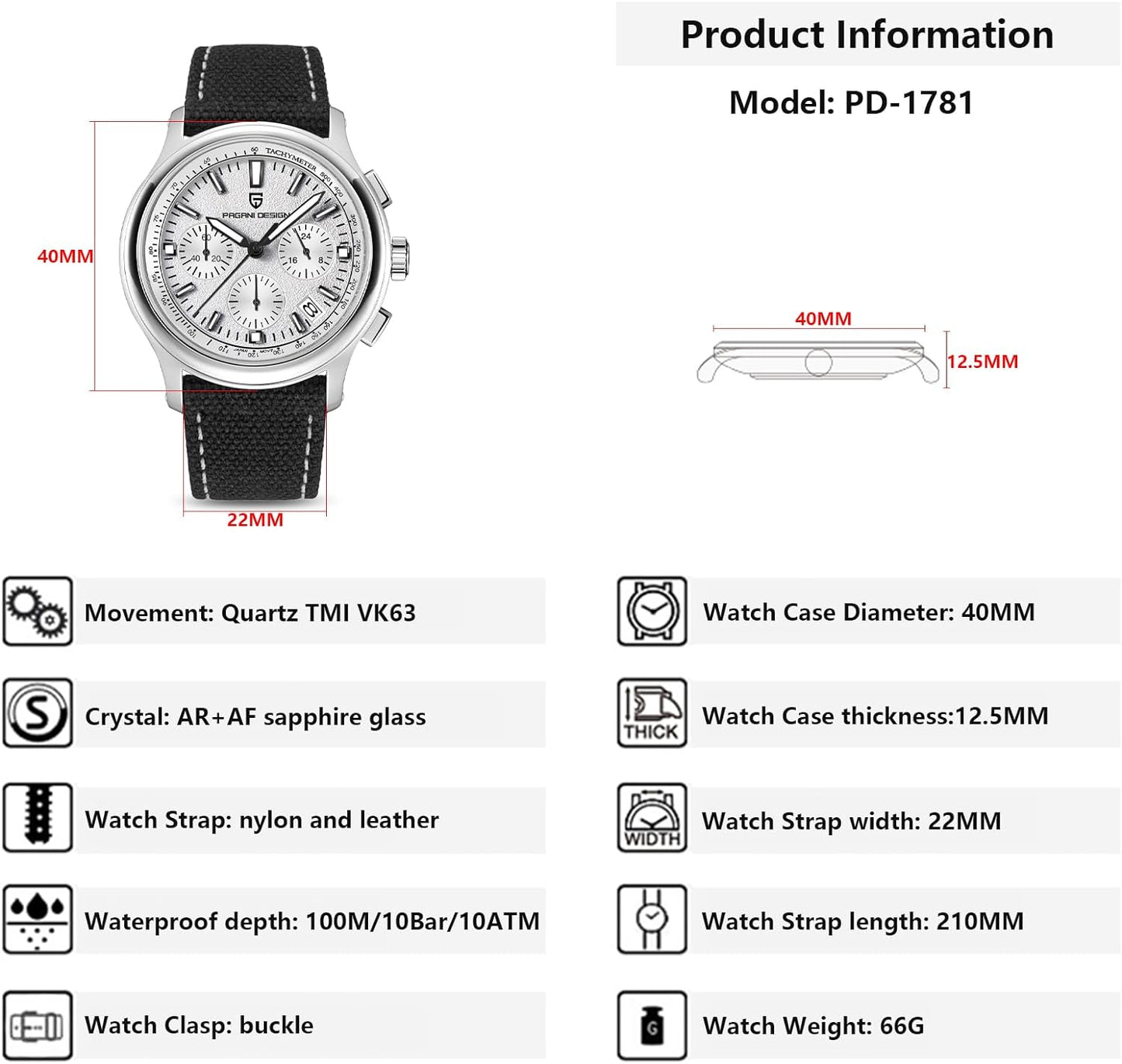 PAGANI DESIGN PD1781 Men's Chronograph Quartz Watches 40mm Stainless Steel Wristwatch with Nylong@Leather Watchband