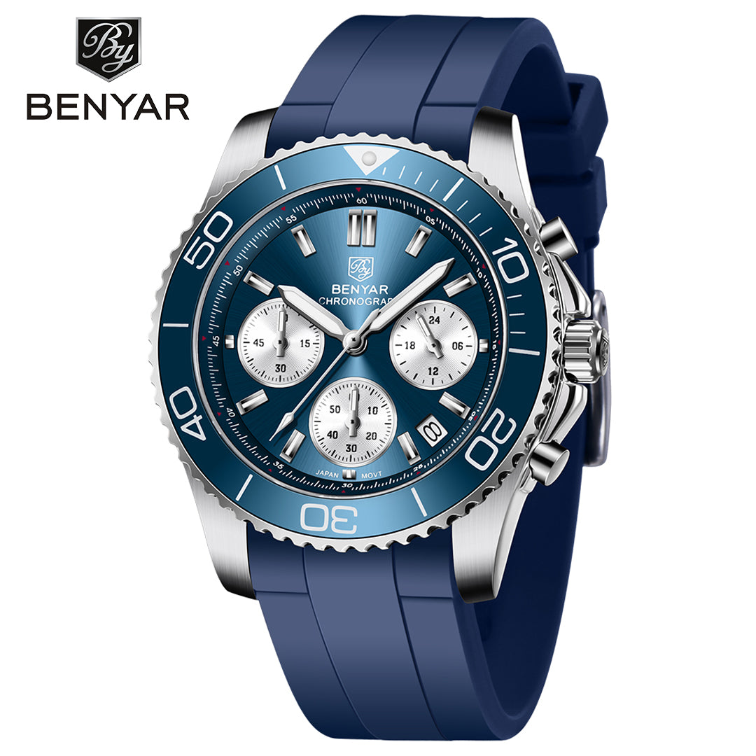 BENYAR BY S002 Male Wristwatch Chronograph Sport Date Sapphire Glass Top Brand Luxury Blue Clock 42MM  Stainless Steel Quartz Men Watch