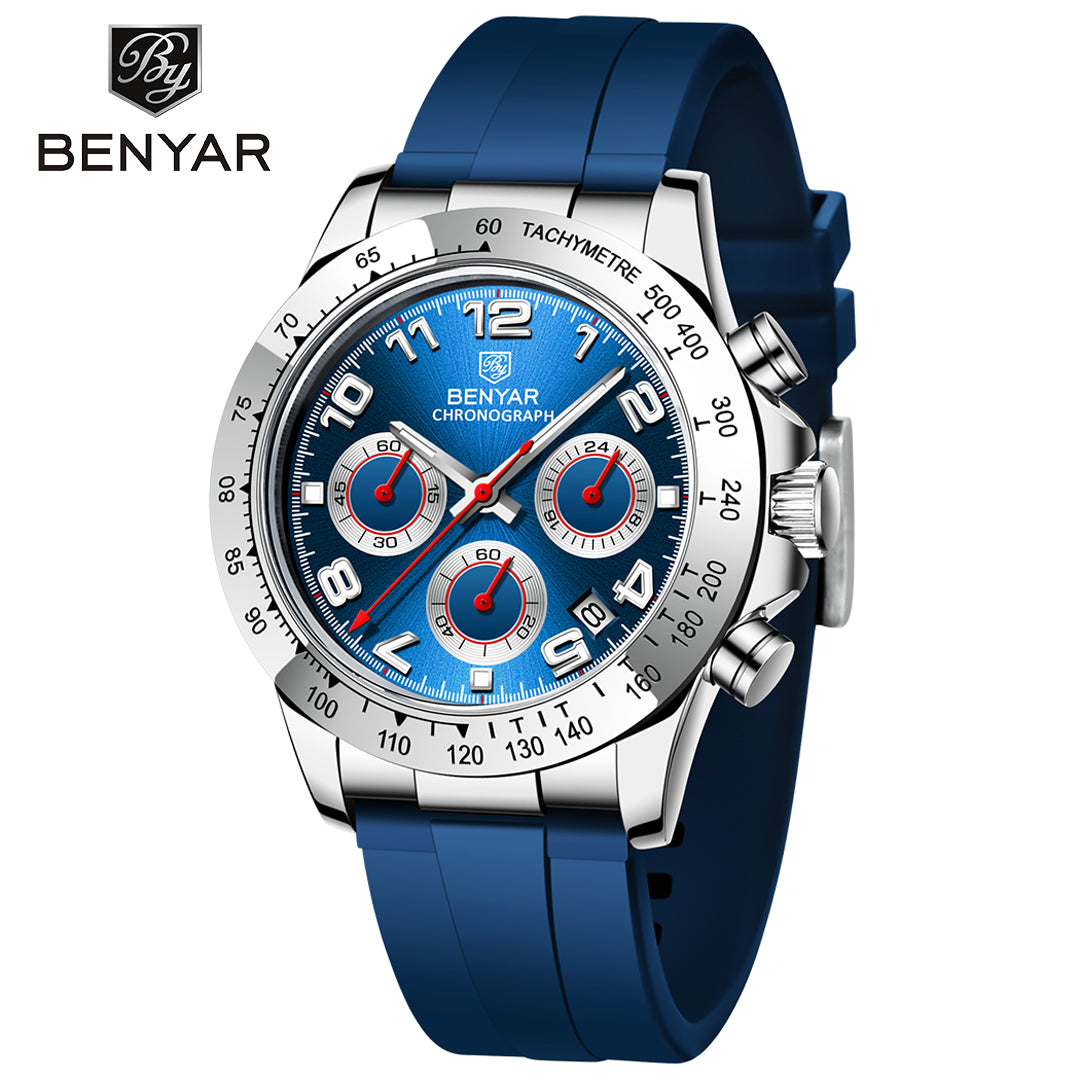 BENYAR BY 5192 Watch Men Sport Quartz Male Chronograph Calendar Top Brand Luxury 40MM Clock  Blue Rubber Military Business Wristwatch New