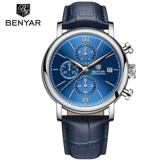 BENYAR BY 5196 Men Watch Chronograph Waterproof Sport Genuine Leather 41MM Male Wristwatch Top Brand Luxury Blue Military Business Clock