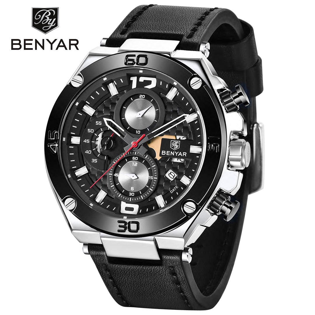 BENYAR BY 5151 Luxury Men Watch Leather Quartz Clock Fashion Chronograph Wristwatch  45MM Male Sport Military